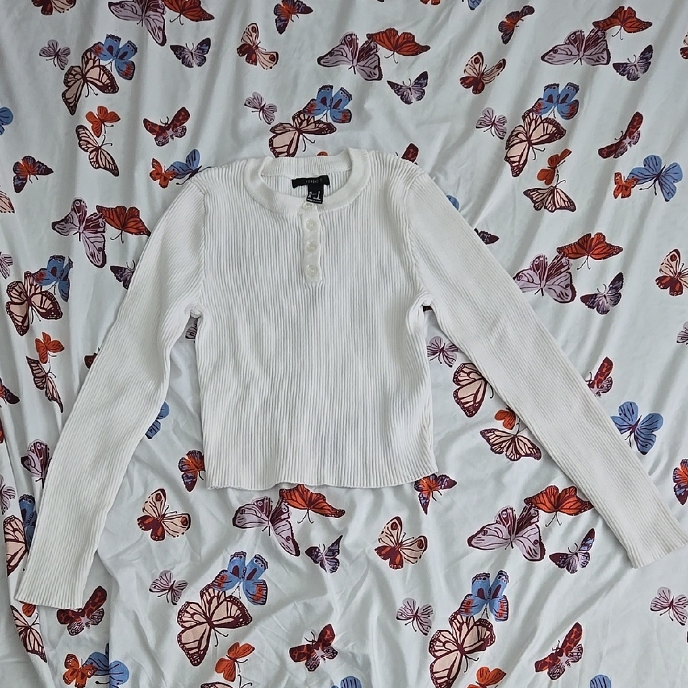 White Ribbed Long Sleeve Top